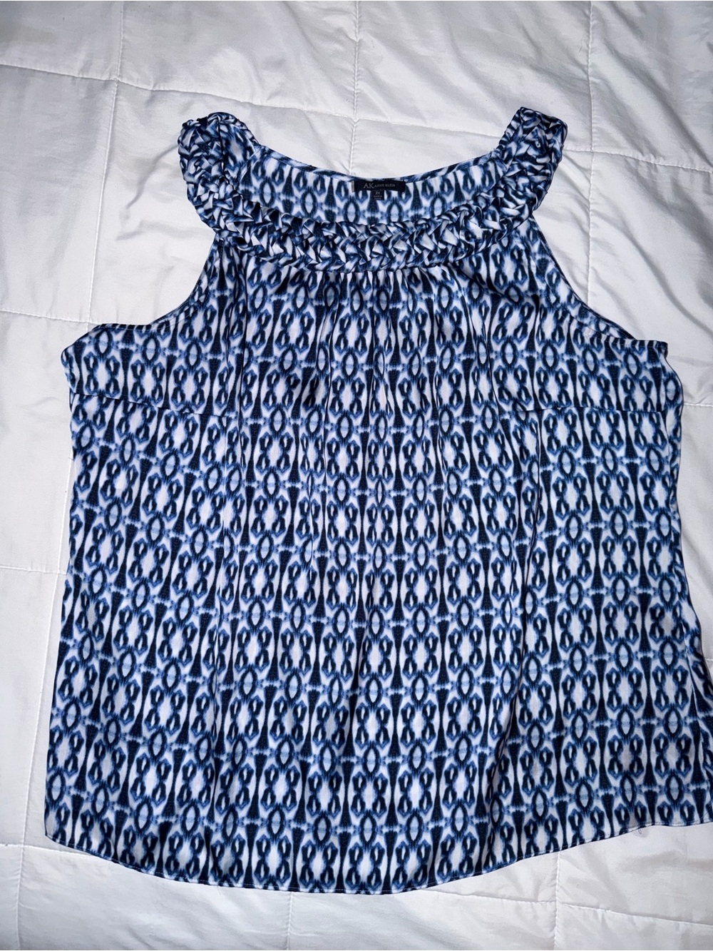 Anne Klein Blue Patterned Satin Cold-Shoulder Ruffle Neck Top - 2X